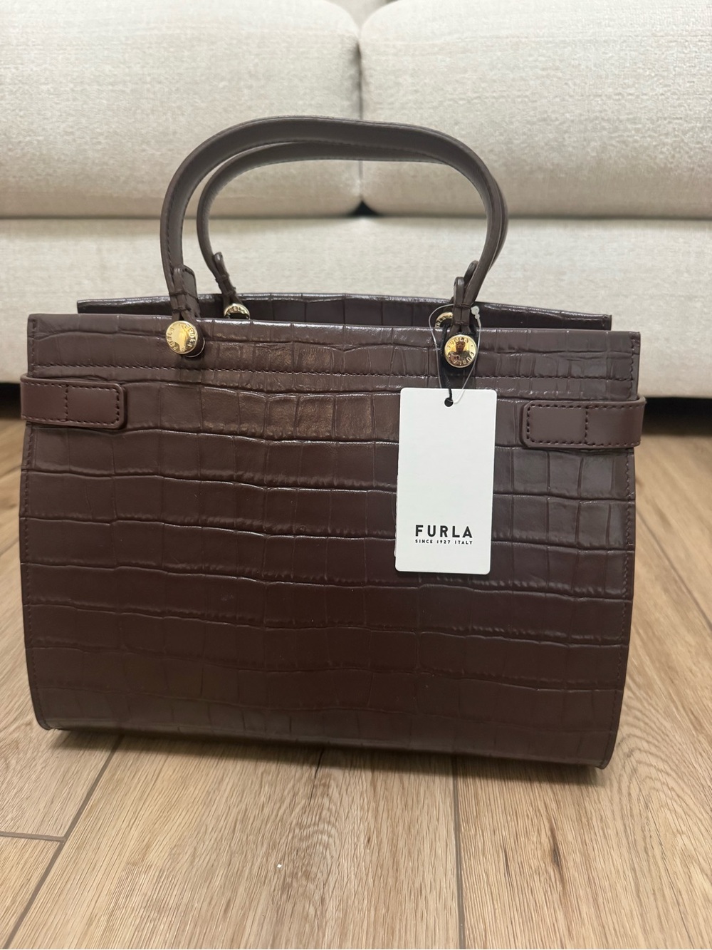 Furla Dark Brown Croc-Embossed Satchel